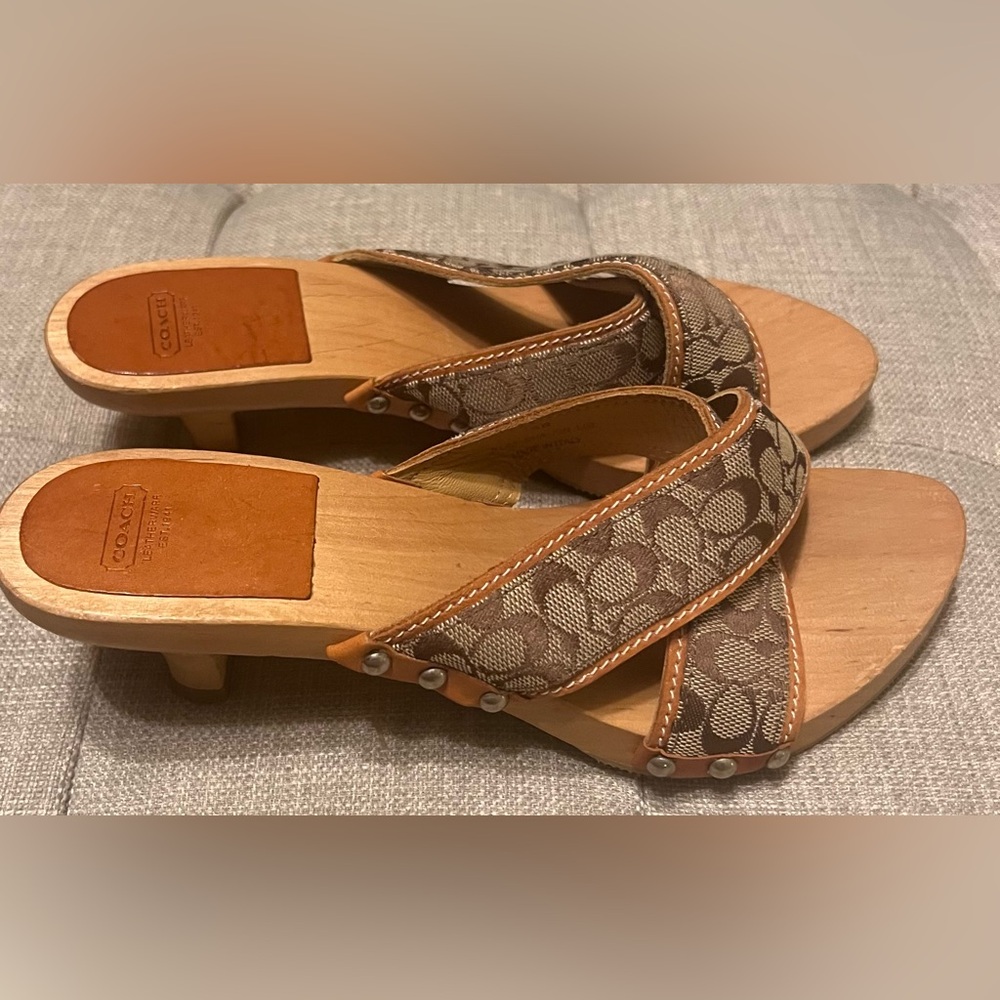 Coach Signature Canvas Brown Slip-On Sandals - Picture 2 of 5